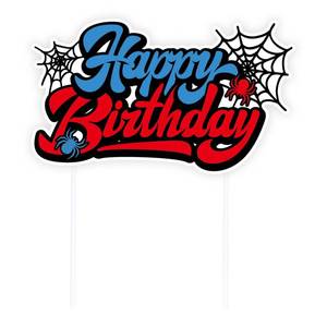 lot 4450 image: Spider Birthday Cake Decoration, Cartoon Spiderweb Happy Birthday Cupcake Toppers Decor for Boys Kids Blue & Red Spider Themed Friends Party Supplies