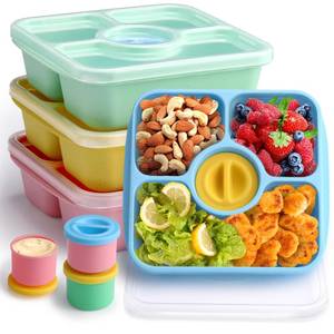 lot 4461 image: Bento Snack Box Containers for Adults Kids, 4 Pack Lunchable Meal Prep Containers Reusable, Stackable Bento Lunch Box, Food Storage Prep Containers with Lids and 4 Sauce Cups, Pastel Color, Clear Lid