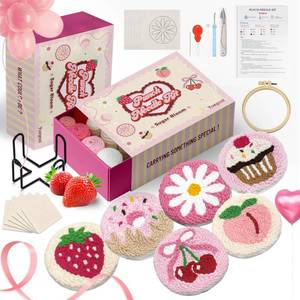lot 4479 image: yuegool 6PCS Punch Needle Coaster Kit, Easy DIY Embroidery Set for Beginners & Adults with Patterns, Tools, Yarns, Hoop, Instructions & Coaster Holder