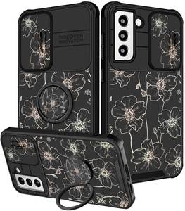 lot 4480 image: Funermei for Samsung Galaxy S21 Case - Women Girls Cute Phone Cover Pretty Girly Aesthetic Flowers Unique Design with Camera Cover Ring Stand Funda for Samsung S21 Case