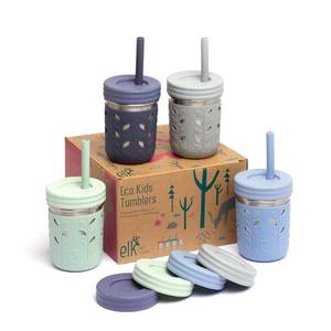 lot 4489 image: Elk and Friends 10oz Stainless Steel Kids  Toddler Drinking Cups  The Original Mason Jar with Sleeves  Lids  Silicone Straws  Smoothies  Storage Jar  Spill Resistant  Dishwasher Safe  4 Pack