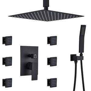 lot 9529 image: Romcebath Rain Shower System With Complete 6 Pcs Body Sprays Jets And Pressured Balance Rough-in Valve,12Inch Rainfall Shower Head And Handheld, Modern Matte Black Ceiling Mount Shower Faucets Sets