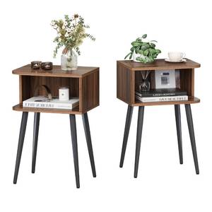 lot 9568 image: Nightstand Set of 2, Small Bed Side Table for Small Spaces, Mid Century Modern Nightstand End Table with Open Storage, Side Table for Bedroom Living Room, Walnut Brown MLBZ20R-2