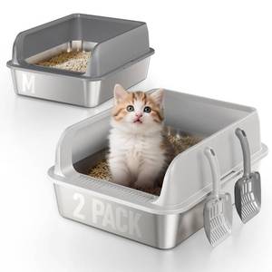 lot 9571 image: 2 Pack Stainless Steel Cat Litter Box for Kitty with Lid, High Sides Metal Litter Pan for Kittens & Small Adult Cats, Odor Control, Easy to Clean, Non-Sticky, Scoops Included
