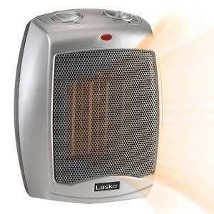 lot 9583 image: Lasko Desktop Electric Ceramic Space Heater with Adjustable Thermostat, 2 Heat Settings and Fan Only Mode, 9.2 Inches, Silver, 754200
