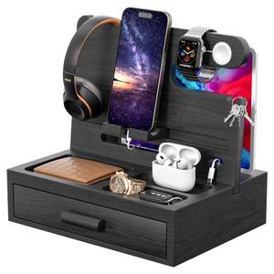 lot 9595 image: melafa365 Bamboo Nightstand Organizer for Men, Phone Docking Station with Cable Management, Drawer, Bedside Organizer for Watches, Keys, Wallets, Black