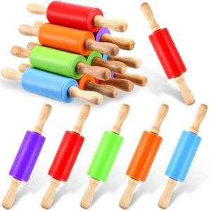 lot 9596 image: 10 Pcs Small Rolling Pin Kids 9 Inch Mini Rolling Pin Silicone Wooden Cooking Pins Baking 5 Colors Non Stick Kids with Wooden Handle for Kitchen Dough Cookie Pastry Fondant Cake