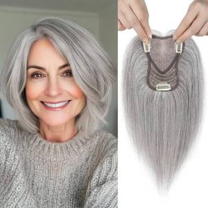 lot 10260 image: REECHO 10 Real Human Hair Topper for Women with Thinning Hair, Clip-in Crown Hairpiece for Instant Volume and Gray Root Coverage Real Hair Toppers Wiglett, Swiss Base, Salt & Pepper