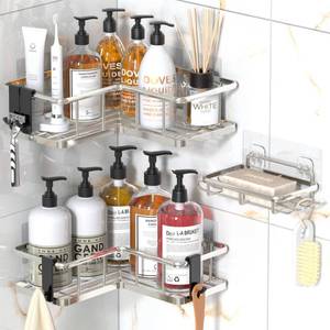 lot 11059 image: YASONIC Corner Shower Caddy Organizer, Self-Adhesive Rustproof Bath Shelves with Soap Holder & 4 Hooks, Large Capacity Shower Storage Rack for Bathroom Organization, (3Pack, Silver)