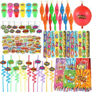 lot 11076 image: LiYiQ 122 Pcs Hero Party Favors with Hero Punch Balloons Reusable Drinking Straws Hero Slap Bracelets Keychains Stamps Stickers and Gift Bags Hero Birthday Party Supplies (Style 1)