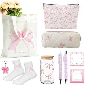 lot 11077 image: BlueRaying Coquette Pink Bow Stuff Gift Set with Preppy Tote Bag, Pink Bow Cup, Cosmetic Bag, Sticky Notes, Keychain Accessories Bow Themed Presents for Girls Women
