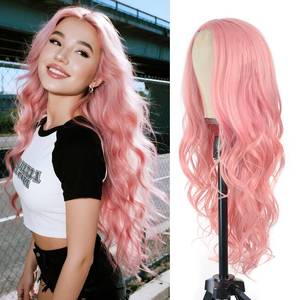 lot 11079 image: BrittyHair Pink Long Wavy Wig for White Women 26 Inch Middle Part Curly Wig Natural Looking Heat-resistant synthetic fiber wigs for Daily Wear Cosplay and Halloween
