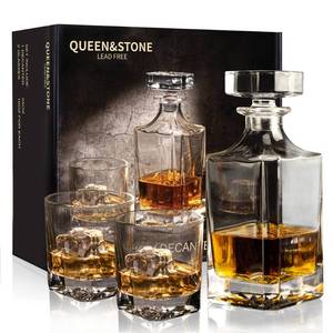 lot 11080 image: Square 25Oz Whiskey Liquor Decanter Set With 2 Glasses in Box,Decanter Set for Scotch Liquor,Whiskey Wine Decanter Suit for Men and Women Father Coworkers Lovers (Small Chip In One Glass)