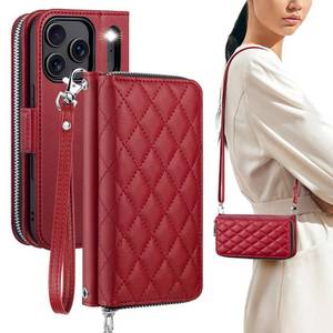 lot 11082 image: OCASE for iPhone 17 Pro Crossbody Wallet Case - Stylish PU Leather Handbag Phone Purse with Zipper Closure, Card Slots & RFID Blocking - Wrist Strap, Lanyard, Kickstand - Diamond Check Red
