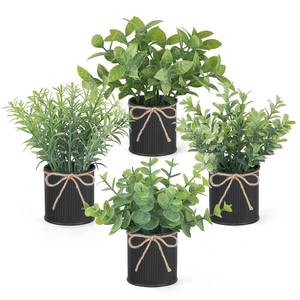lot 11083 image: Mkono 4 Packs Small Fake Plants in Farmhouse Galvanized Pots Table Centerpiece Mini Potted Artificial Plants Faux Eucalyptus for Shelf Office Rustic Home Decor (Black, Mini-6 H)