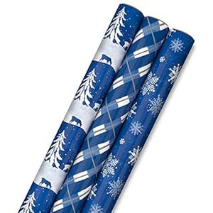lot 11128 image: Hallmark Winter Holiday Wrapping Paper with Cutlines on Reverse (3 Rolls 120 Sq. Ft. Total) Deer and Trees, Blue and White Plaid, Snowflakes for Christmas, Weddings, Birthdays, Winter Solstice (B09SR9W8TJ)