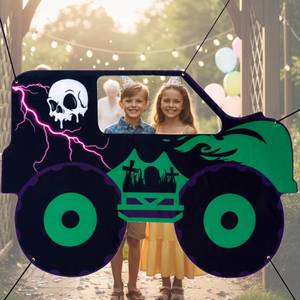 lot 12009 image: Bafeil Monster Truck Birthday Photo Booth Props, 47 x 68 Large Backdrop Background Banner, Green & Purple Party Decoration for Birthday Party Baby Shower