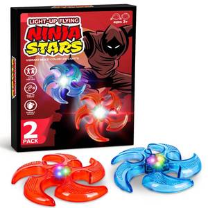 lot 12325 image: ArtCreativity Light Up Flying Ninja Stars Set, 2 Rubber Throwing Stars with Batteries, Interactive Ninja Kids Toys for Tossing, Games, 2 Colors, Gift for Kids Red and Blue Stars