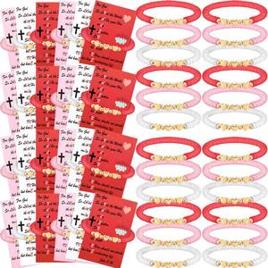 lot 12327 image: Ecally 24 Pack Christian Valentines Day Gift Sets Religious Heart Shaped Friendship Bracelets Clay Bead Bracelet with Greeting Card Bible Verse Cards for Church Valentine Party Favor Gift Exchange