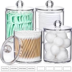 lot 12331 image: 4 Pack Acrylic Qtip Holder Dispenser for Cotton Swabs, Balls, Pads, Floss Picks- Small Clear Acrylic Canister Apothecary Jar Set, Bathroom Essentials Accessories Decor, Vanity Makeup Storage Organizer