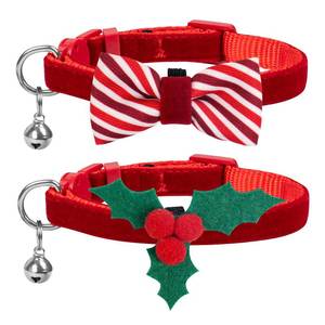lot 12333 image: azuza Christmas Kitten Collar with Bell 2 Pack Christmas Kitten Bowtie Breakaway Kitten Collar with Holly Design Size Adjustable from 6 - 8