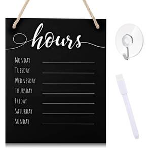lot 12338 image: Threehoney 3 Pcs Dry Erase Store Hours Sign Set Include 8 x 10 Inch Erasable Business Hours Sign with Rope Dry Erase Maker and Suction Cup for Office Cafe Restaurant Outside Window Door (Black)