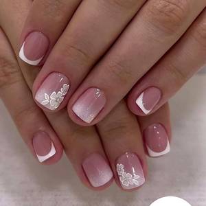 lot 12339 image: Mivota Short Square Press On Nails White Nude Gradient False Nails with White Silver Flowers Acrylic Press in Nails Gel Stick On Nails Set Glue on Nail for Women & Girls 24Pcs