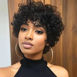 lot 12350 image: MOONSHOW Short Curly Wigs for Black Women Pixie Cut Wig Curly Bob Wigs for Black Women Short Wig with Bangs Synthetic Afro Wigs Black Curly Wigs for African American Women (Natural Black)