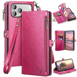 lot 12367 image: XcaseBar Compatible with iPhone 17 Pro Max 6.9 Wallet case with Zipper Credit Card Holder��RFID Blocking��,Flip Folio Book PU Phone case Shockproof Cover Women Men for Apple 17 Pro Max case Rose Red