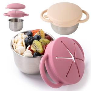 lot 12378 image: Bufilea 2 Pack Snack Containers for Toddlers, Stainless Steel Toddler Snack Cups with Silicone Food Catcher & Lids,Snack Cups for toddlers Spill Proof