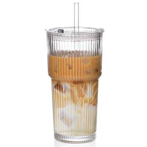lot 13916 image: AUFXKOO 20oz Ribbed Glass Cups with Lids and Straws,1PCS Glass Tumbler with Straw and Lid,Iced Coffee Cups Drinking Glasses for Juice Whiskey Cocktail Beer