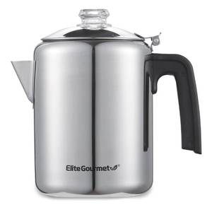 lot 13922 image: Elite Gourmet EC008 Classic Stovetop Coffee Percolator, Glass Clear Brew Progress Knob, Cool-Touch Handle, Cordless Serve, 8-Cup, Stainless Steel
