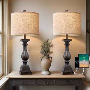 lot 13946 image: BOBOMOMO 27 Farmhouse Table Lamp Set of 2 with USB AC for Bedroom Living Room Vintage Rustic Traditional Nightstand Bedside Lamps Retro Side Table Lamps (Black)