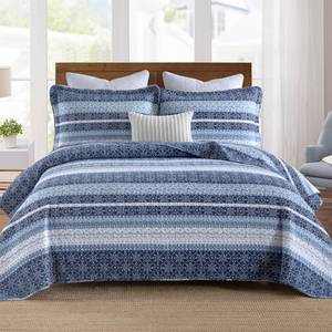 lot 13951 image: Homzard Quilt King Size,Blue White Snowflake Striped Quilt Bedding Set, Cotton Boho Gemetic Comforter Set, Lightweight Comforter King Size (106  98 Inches) with 2 Pillow Shams