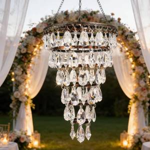 lot 13957 image: Solar Hanging Acrylic Crystal Chandelier Outdoor Garden Decorative Lights a Bright Warm LED and 5ft LED Strip Weatherproof Tree Hanging Lantern for Valentine Gifts Garden Gazebo, Party, Wedding 6 Tier