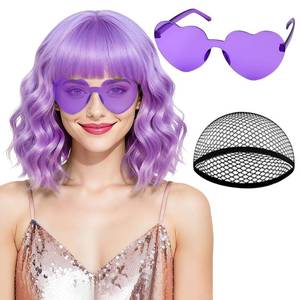 lot 14031 image: PLULON Light Purple Wavy Bob Wigs with Bangs Heart Sunglasses Hair Cap for Women, Colored Synthetic Hair Short Bob Loose Curly Shoulder Length Wigs for Costume Bachelorette Party Music Festival