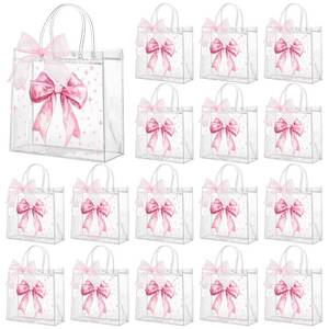lot 14036 image: Wesnoy 48 Pcs Pink Bow Clear PVC Gift Bags with Handles Coquette Bowknot Party Favor Goodie Candy Treat Tote Bags for Wedding Birthday Party