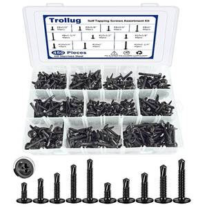 lot 14037 image: 450PCS Self Tapping Screws for Metal, 410 Stainless Steel Self Drilling Screws #8#10 Truss Head Sheet Metal Screws Assortment Kits, Length 12 to 1-14 (Black)
