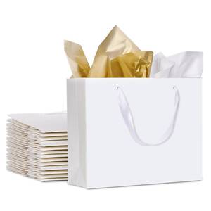 lot 14048 image: 12 Pack Medium Size Gift Bags with Ribbon Handles & Tissue bags, White Gift Bags for Shopping, Small Business, Bridal Party, Wedding, Baby Shower, Bridal Party, Christmas and Holiday (10.6�� x3.5�� x8.3��)
