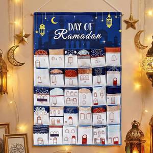 lot 14056 image: Fanfanwin Ramadan Countdown Calendar Fabric 30 Days Mystery Eid Countdown Calendar House Design Ramadan Wall Decor with 30 Pockets Blue Eid Mubarak Poster Gift for Home Wall Decor