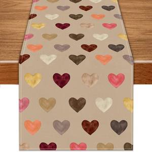 lot 14078 image: Valentine��s Day Table Runner 13x72 Inch ,Colorful Love Heart Seasonal Holiday Kitchen Dining Tabletop Runners for Home Indoor Mantel Party Farmhouse Decoration(Brown)