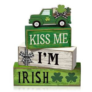 lot 14103 image: Yuntau 4 Pcs St Patricks Day Decorations Lucky Shamrock Wooden Sign Truck Table Centerpiece St Patricks Day Tiered Tray Decor Decorative Faux Book Stack Block for Fireplace Mantel Floating Shelf