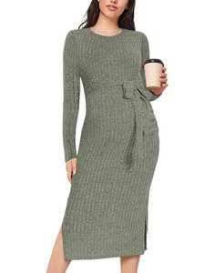 lot 14114 image: guruixu Crewneck Maternity Sweater Dress Rib Knit Long Sleeve Photoshoot Baby Shower Dresses Slit Pregnancy Sweater Clothes size 2XL