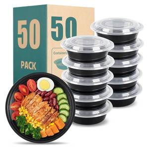 lot 15697 image: Meal mates 24oz Round Meal Prep Containers with Lids,50-Pack (100 Pcs) Black Disposable Food Storage,Bento Boxes,Stackable,Leak-Proof, BPA-Free,Microwave and Dishwasher Safe