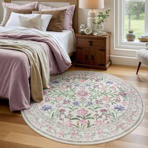 lot 15716 image: Wonnitar Floral Purple Round Area Rug 5ft, Soft Washable Kids Room Rug, Boho Ultra-Thin Non Slip Circle Carpet for Bedroom Girls Nursery Dorm Living Room Classroom, Light PurplePink