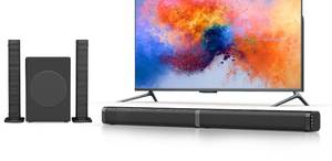 lot 15724 image: Puxinat 2 in 1 Separable Sound Bar for Smart TV with Subwoofer, Bluetooth 5.0 Surround Sound System for Home Theater, ARCOpticalAuxUSB TV Speaker, TrebleBass Adjust, 10 EQ Modes, Remote Included