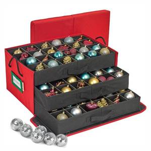 lot 15728 image: HOLDN�� STORAGE Christmas Ornament Storage Box with Dividers, Holds 72 Ornaments (3 Inch), Large Ball Storage Container with 3 Removable Trays, Durable and Portable - Red