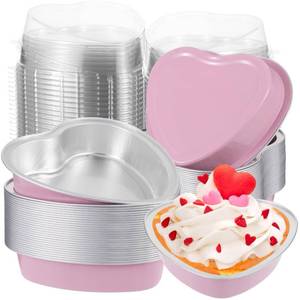 lot 16014 image: PAJIXANTHIC 50pcs Aluminum Foil Heart Shaped Cake Pans with Lids,255 ml 9oz Disposable Baking Cups Cupcake Liners Muffin Ramekins Tins for Valentine Wedding Party,Pink