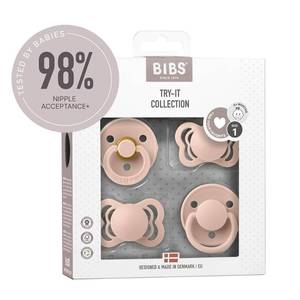 lot 16018 image: BIBS Try-It Collection  4-Pack Soothers  BPA-Free Round, Anatomical & Symmetrical Nipple  Natural Rubber LatexSilicone  Made in Denmark  0-6 Months  Blush