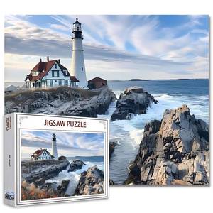 lot 16028 image: 1000 Piece Jigsaw Puzzles for Adults Maines Portland Head Lighthouse Painting Jigsaw Puzzle Ocean Waves 1000 Pieces Puzzles Game Rocky Shore Wall Decor DIY Craft Puzzle Natural Landscap Art